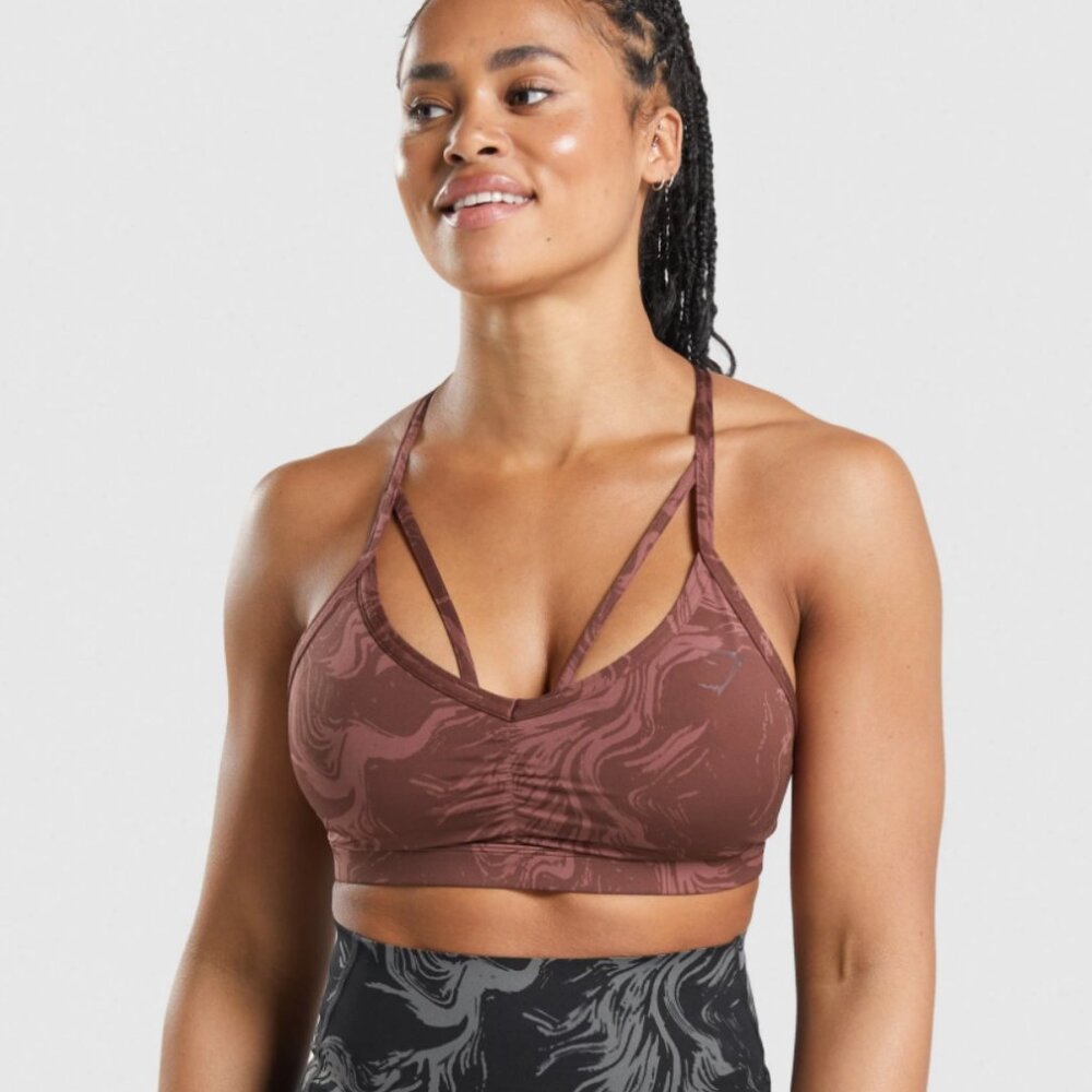 Gymshark GS Power Sports Bra Cherry Brown Print Light Support Size XS